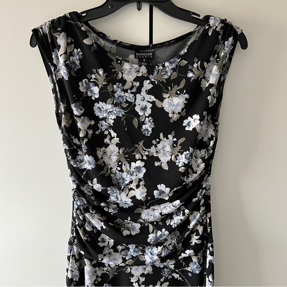 Vintage Floral Ruched Midi Dress Black Blue White Cap Sleeve 90s Cottagecore SM - Picture 5 of 9